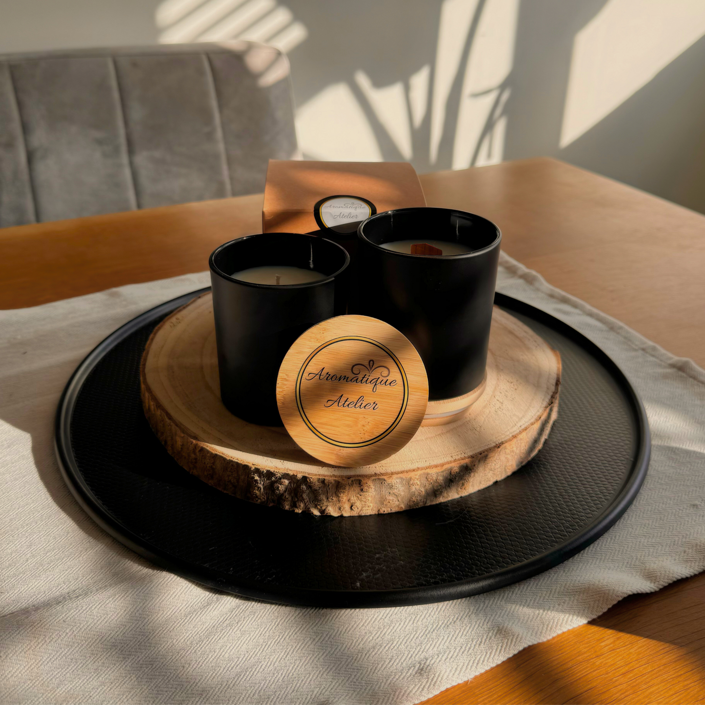 47+H Premium Candle - The One Inspired in black glass on wooden tray, eco-friendly wax, luxury home fragrance.