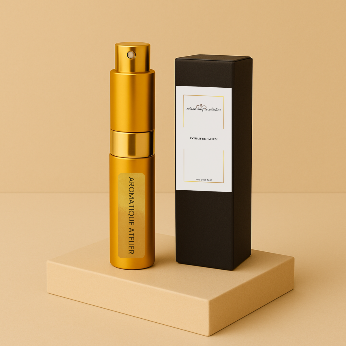 Compact gold travel perfume bottle with black packaging by Aromatique Atelier