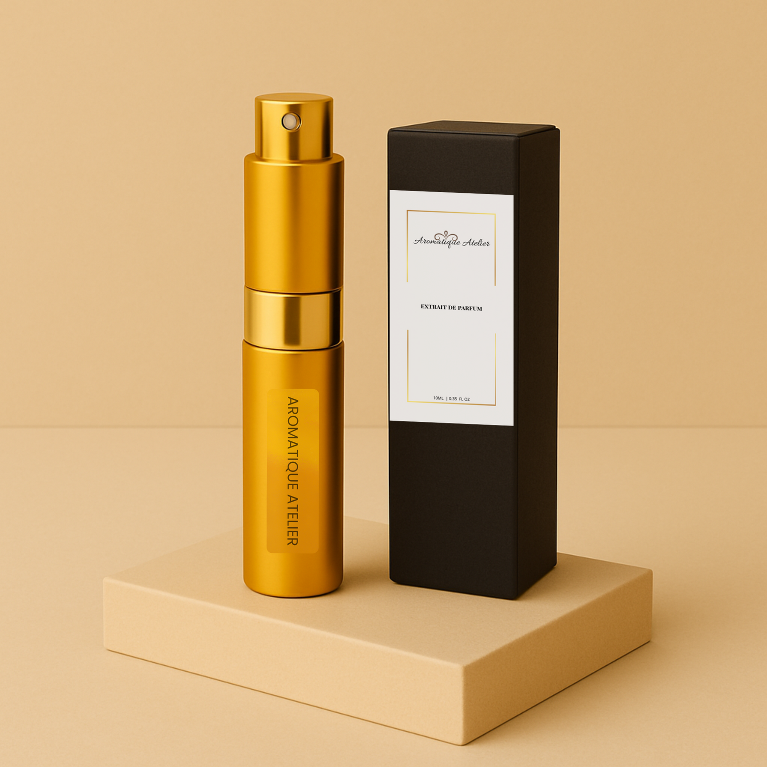 Compact gold travel perfume bottle with black gift box on beige platform, Aromatique Atelier signature design, UV-protected, 10ML extrait de parfum
