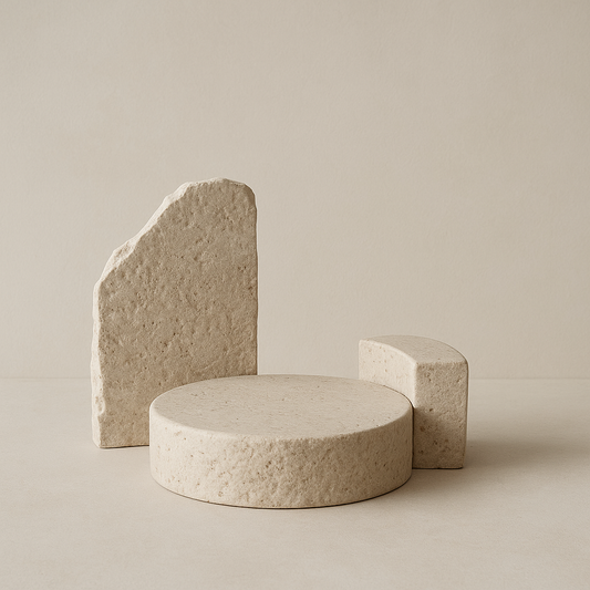 minimalist beige stone display podium for home perfume product photography on neutral background