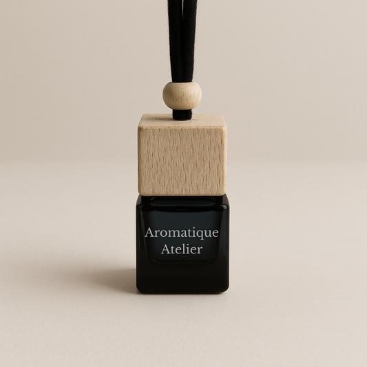 Classic car diffuser Aromatique Atelier hanging perfume with wooden cap and black glass bottle